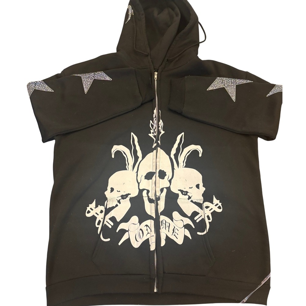 Black Full Zip Skull Bunny Hoodie Rhinestone Star & Spider Y2K Streetwear L